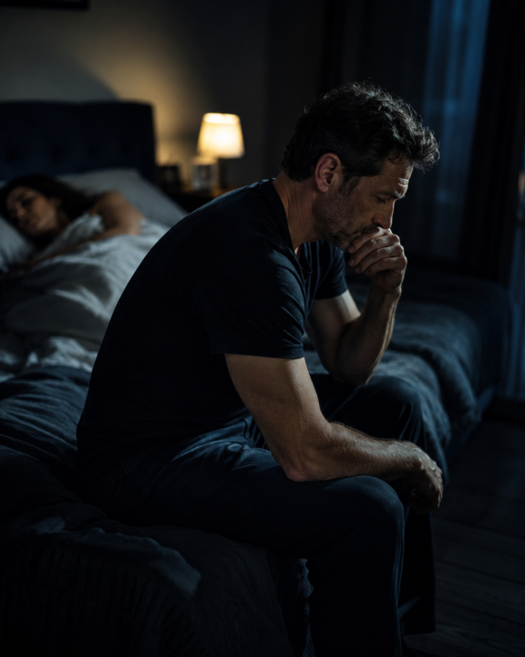 Man lying awake at night, lost in thought