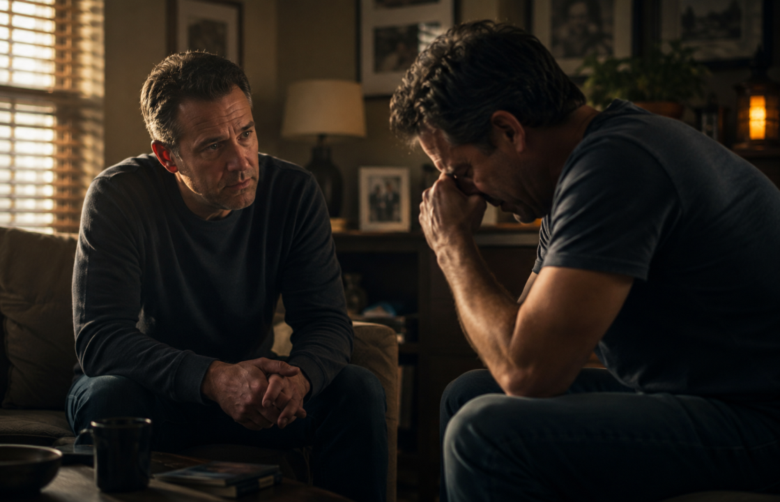 Two men having an intimate, serious conversation in warm light
