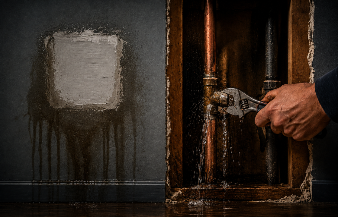 Repairing a leaking pipe at the source in a dimly lit room